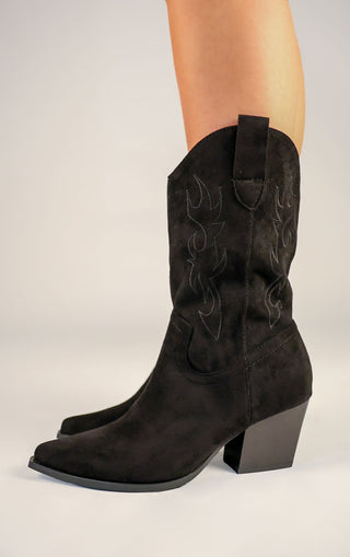 Black Faux Suede Embroidered Western Mid Calf Cowboy Boots