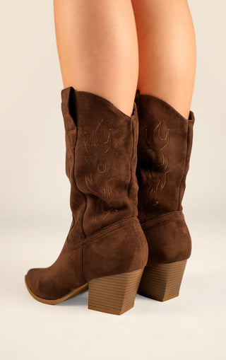 Brown Faux Suede Embroidered Western Mid Calf Cowboy Boots