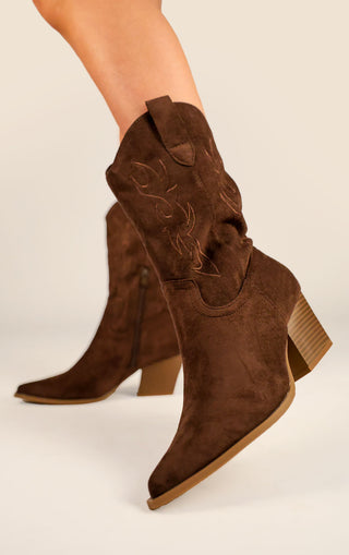 Brown Faux Suede Embroidered Western Mid Calf Cowboy Boots