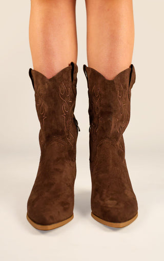 Brown Faux Suede Embroidered Western Mid Calf Cowboy Boots