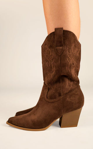 Brown Faux Suede Embroidered Western Mid Calf Cowboy Boots