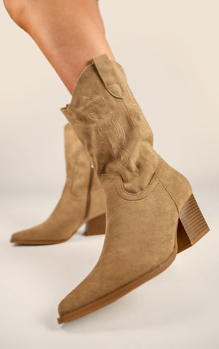 Khaki Faux Suede Embroidered Western Mid Calf Cowboy Boots