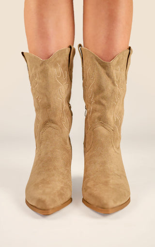 Khaki Faux Suede Embroidered Western Mid Calf Cowboy Boots