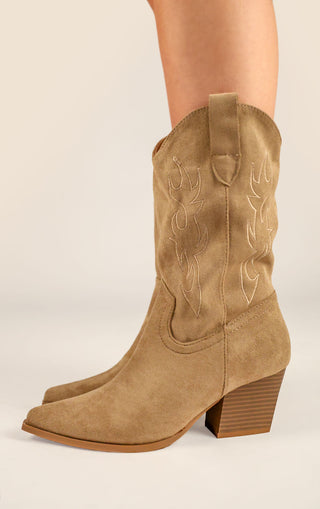 Khaki Faux Suede Embroidered Western Mid Calf Cowboy Boots