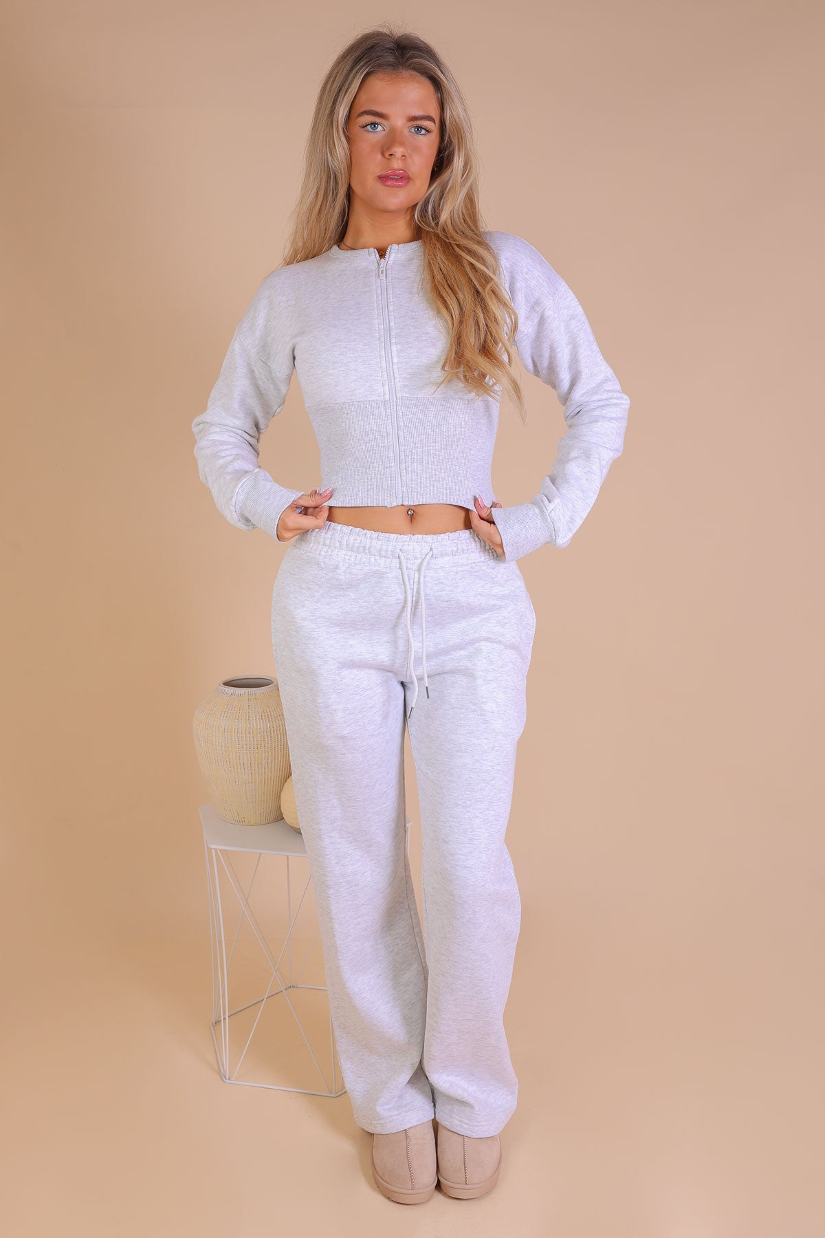 Grey Grey Cinched Compress Waist Zip Sweatshirt Tracksuit Set