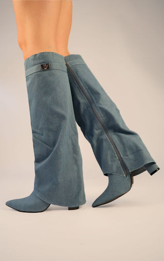 Denim Fold Over Shark Classic Lock Buckle Knee High Boot