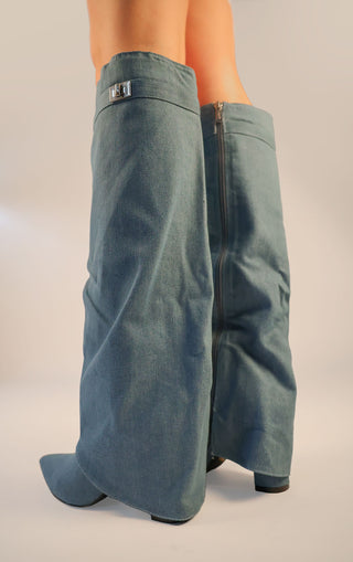 Denim Fold Over Shark Classic Lock Buckle Knee High Boot