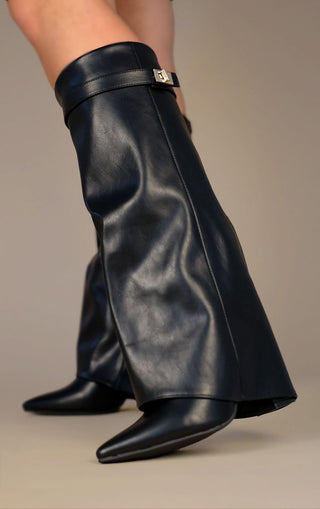 Black Leather Fold Over Shark Classic Buckle Knee High Boot