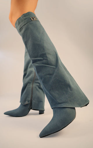 Denim Fold Over Shark Classic Lock Buckle Knee High Boot