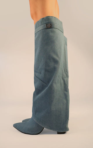 Denim Fold Over Shark Classic Lock Buckle Knee High Boot