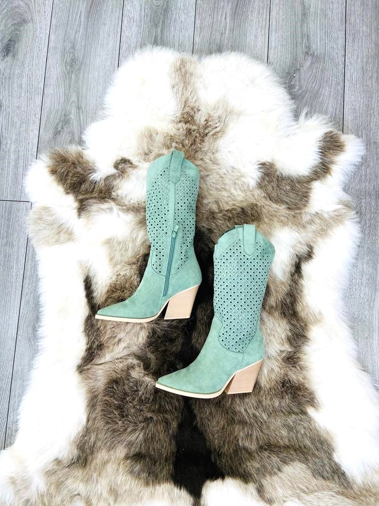Green Classic Faux Suede Cut Out Heeled Cowboy Boot