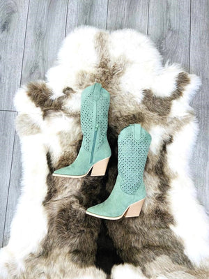 
            
                Load image into Gallery viewer, Green Classic Faux Suede Cut Out Heeled Cowboy Boot
            
        