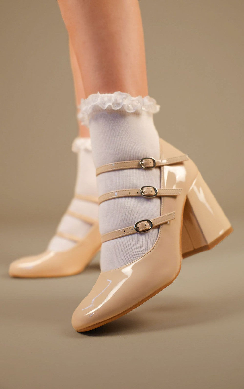 Beige Chunky Triple Strap Mary Jane Heels