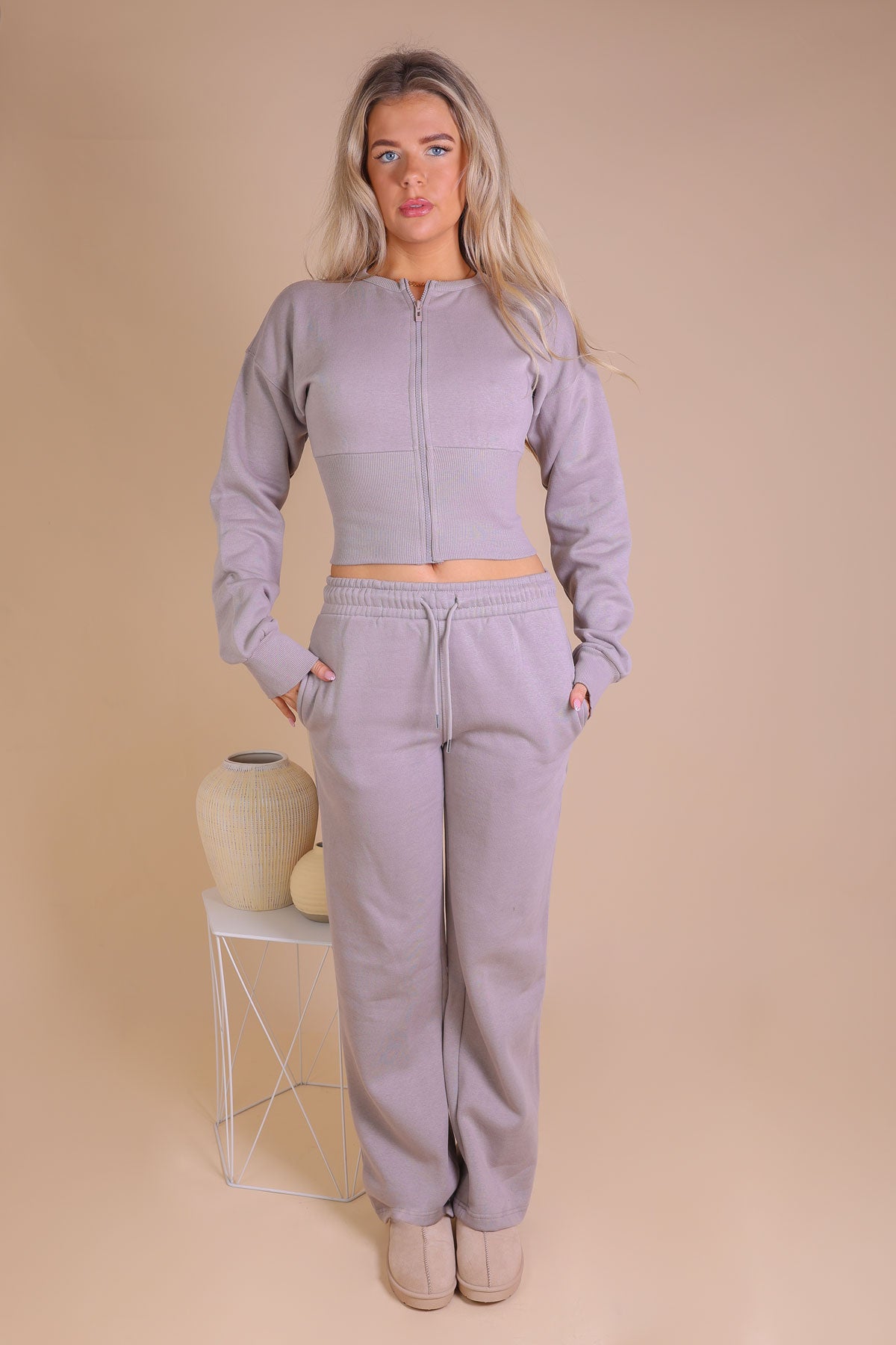 Grey Taupe Cinched Compress Waist Zip Sweatshirt Tracksuit Set