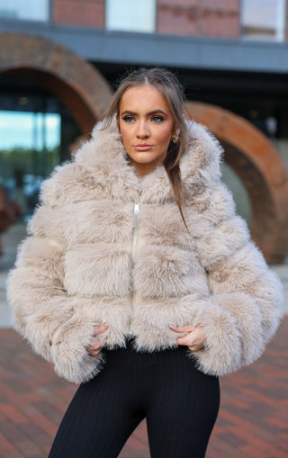 Beige Faux Fur Cropped Hooded Coat