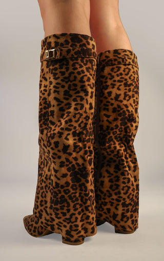 Leopard Print Faux Suede Fold Over Shark Classic Buckle Knee High Boot