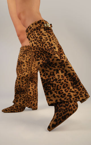 Leopard Print Faux Suede Fold Over Shark Classic Buckle Knee High Boot