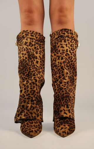 Leopard Print Faux Suede Fold Over Shark Classic Buckle Knee High Boot