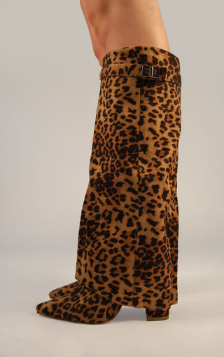 Leopard Print Faux Suede Fold Over Shark Classic Buckle Knee High Boot