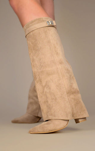 Taupe Faux Suede Fold Over Shark Classic Buckle Knee High Boot