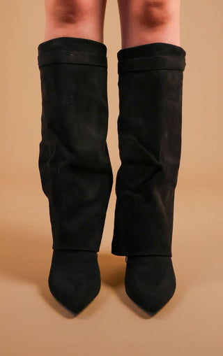 Black Stiletto Faux Suede Fold Over Shark Classic Buckle Knee High Boot