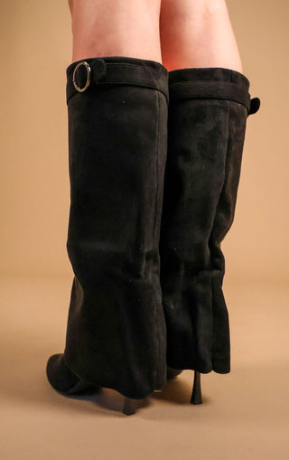 Black Stiletto Faux Suede Fold Over Shark Classic Buckle Knee High Boot