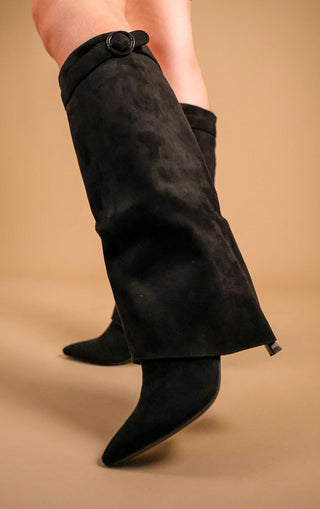 Black Stiletto Faux Suede Fold Over Shark Classic Buckle Knee High Boot