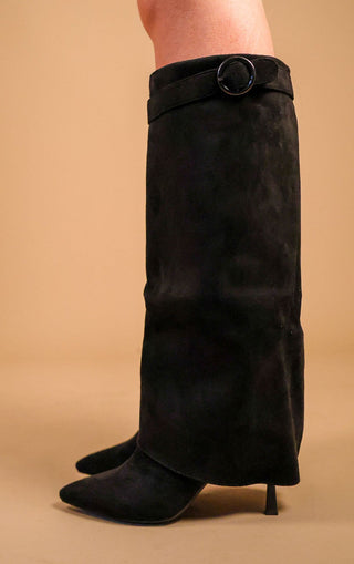 Black Stiletto Faux Suede Fold Over Shark Classic Buckle Knee High Boot