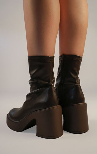 Brown PU Leather Block Heel Sock Boot