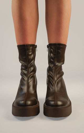 Brown PU Leather Block Heel Sock Boot