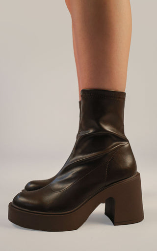 Brown PU Leather Block Heel Sock Boot