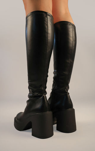 Black PU Leather Block Heel Knee High Sock Boot