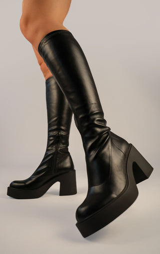 Black PU Leather Block Heel Knee High Sock Boot