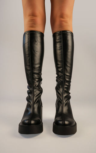 Black PU Leather Block Heel Knee High Sock Boot