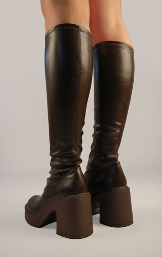 Brown PU Leather Block Heel Knee High Sock Boot