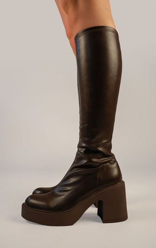 Brown PU Leather Block Heel Knee High Sock Boot