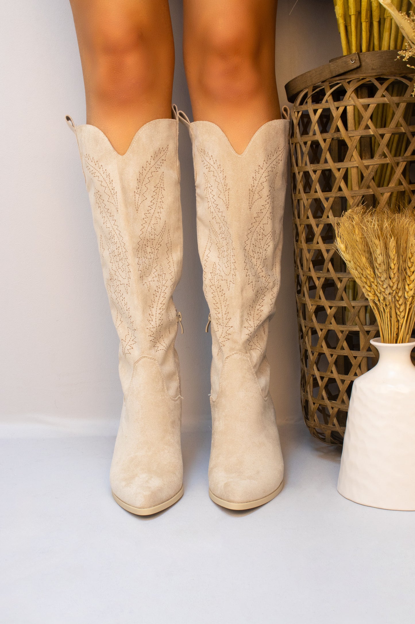 Beige Faux Suede Western Style Knee High Cowboy Boot