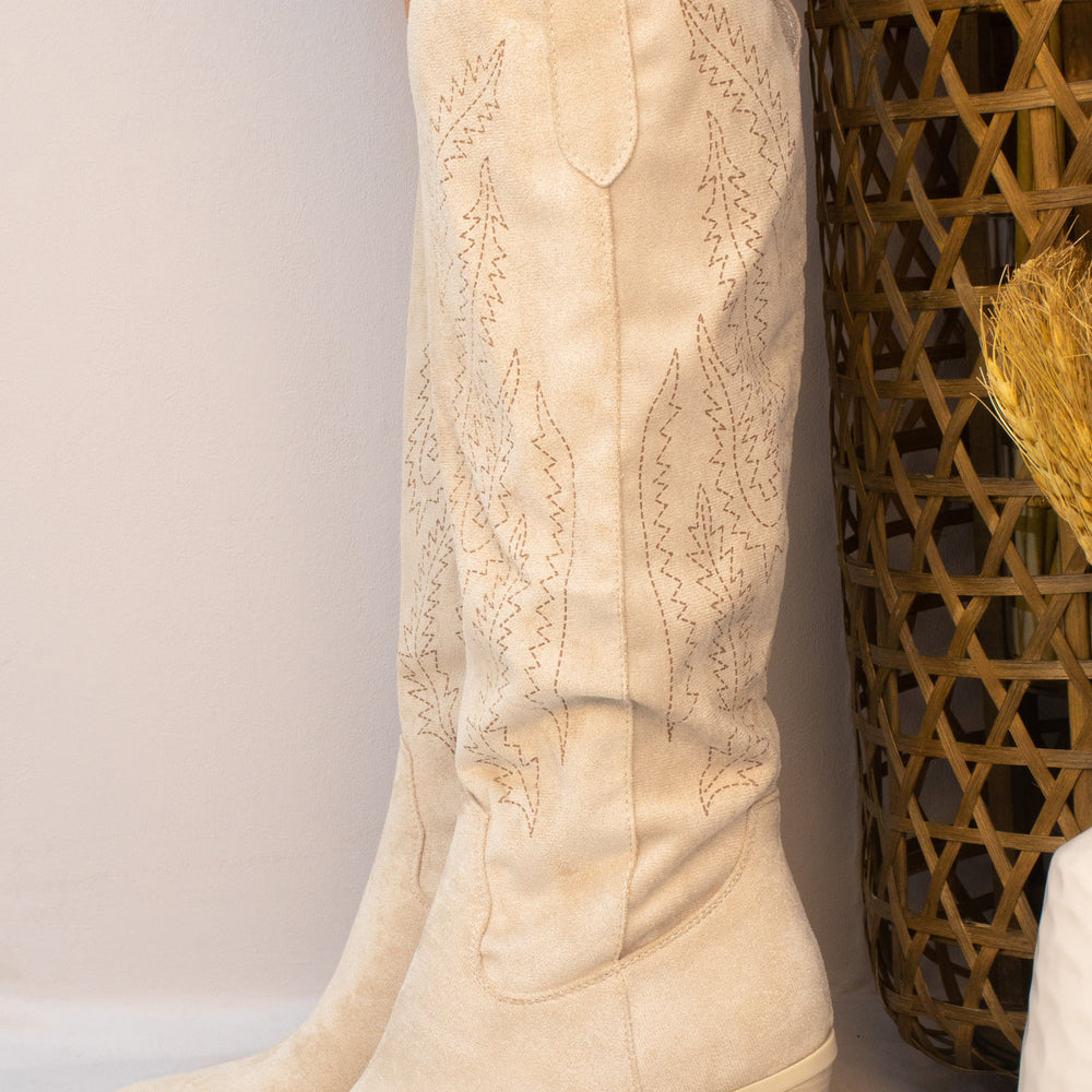 Beige Almond Toe Mid Calf Embroidered Cowboy Boot