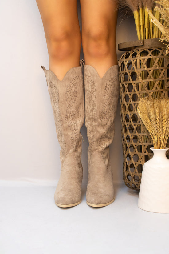 Khaki Faux Suede Western Style Knee High Cowboy Boot