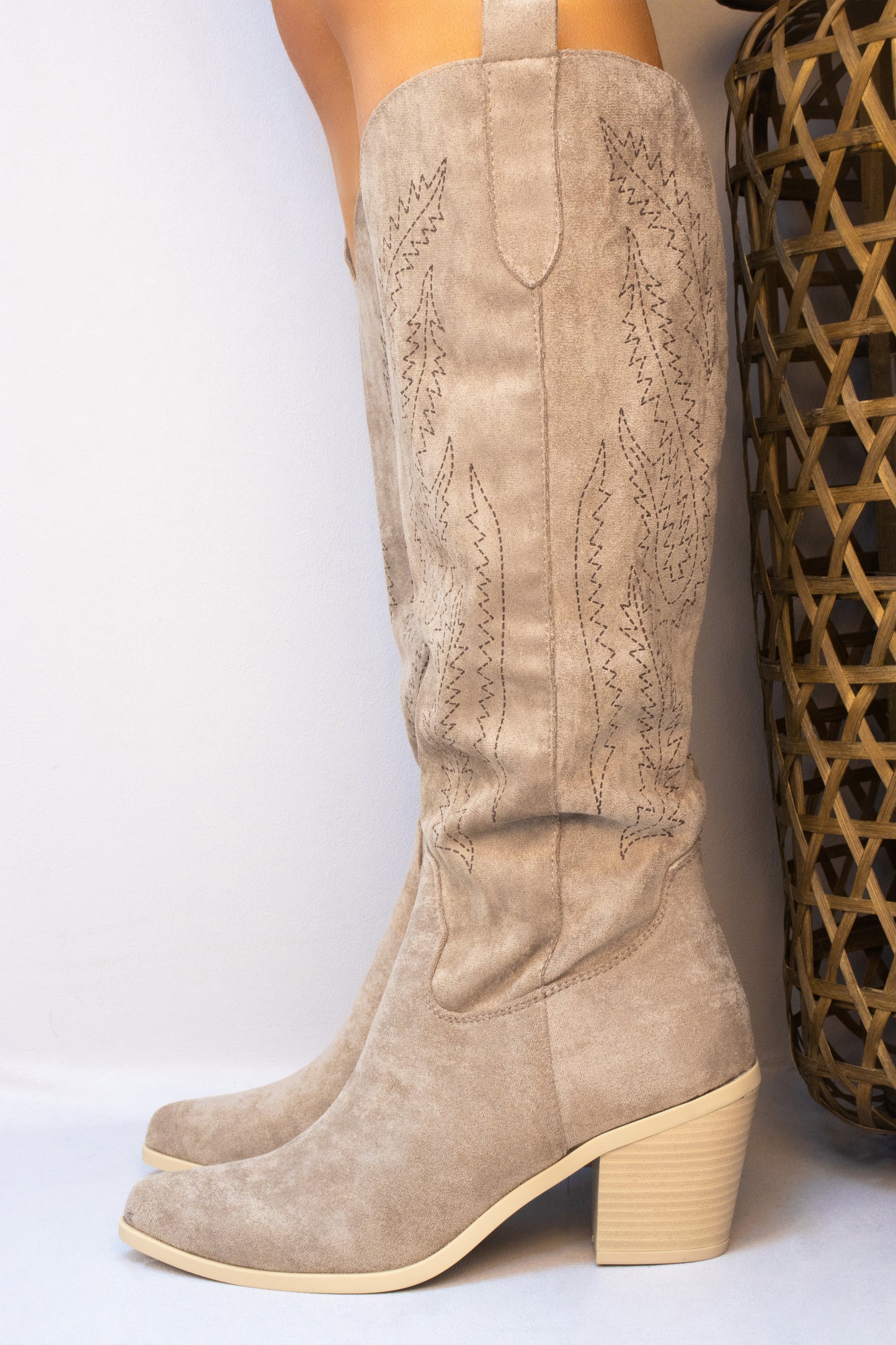 Khaki Faux Suede Western Style Knee High Cowboy Boot