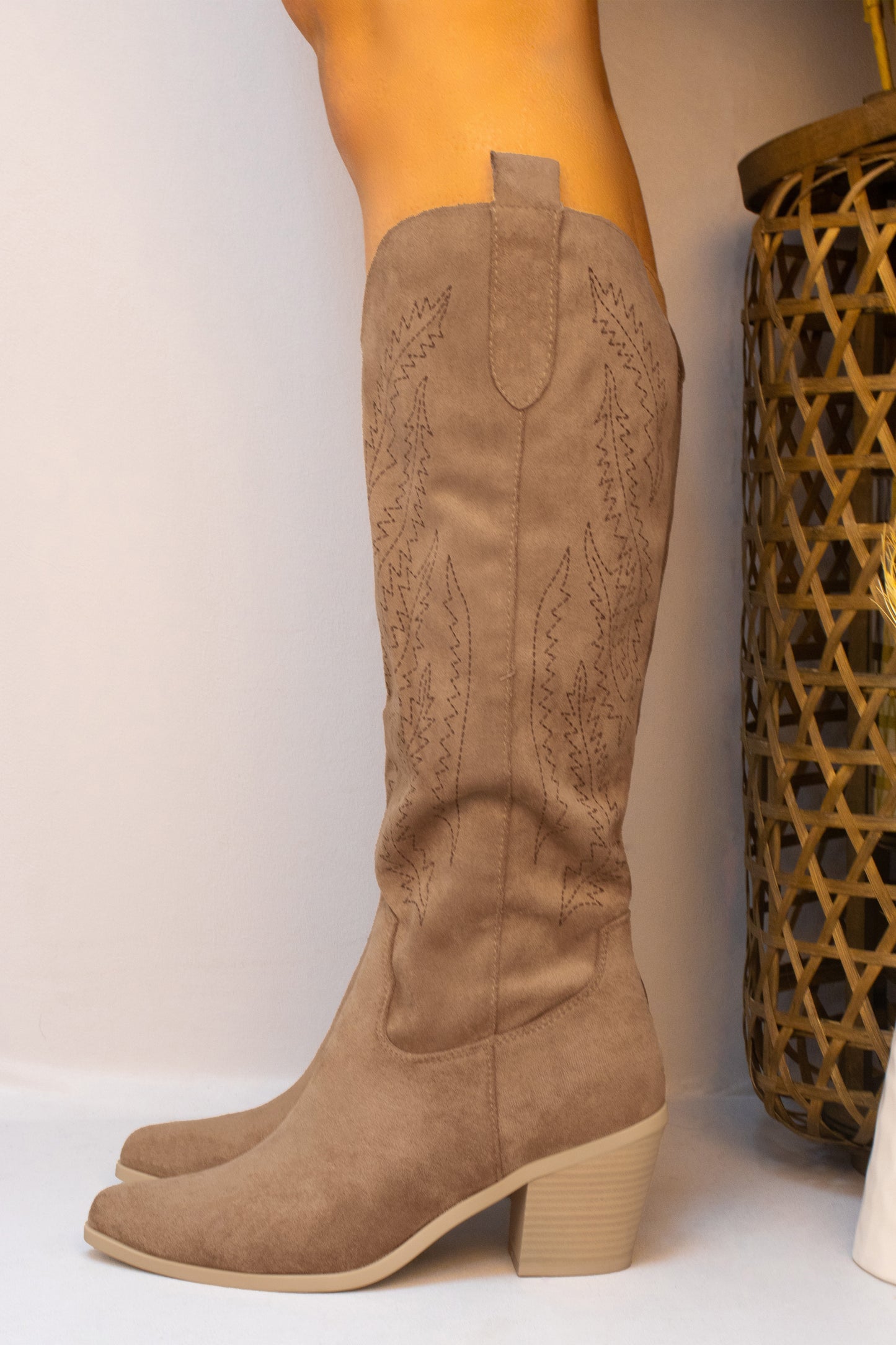 Camel Faux Suede Western Style Knee High Cowboy Boot