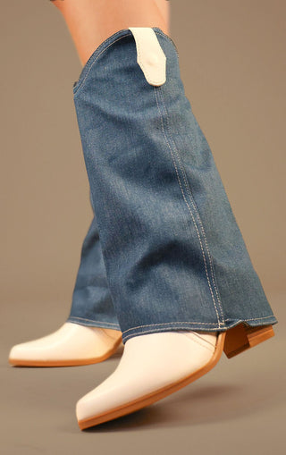 White Cowboy Boots With Denim Detachable Sleeves