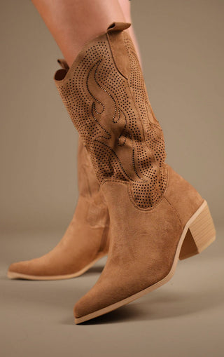 Camel Mid-Length Diamante Mesh Western Cowboy Boot