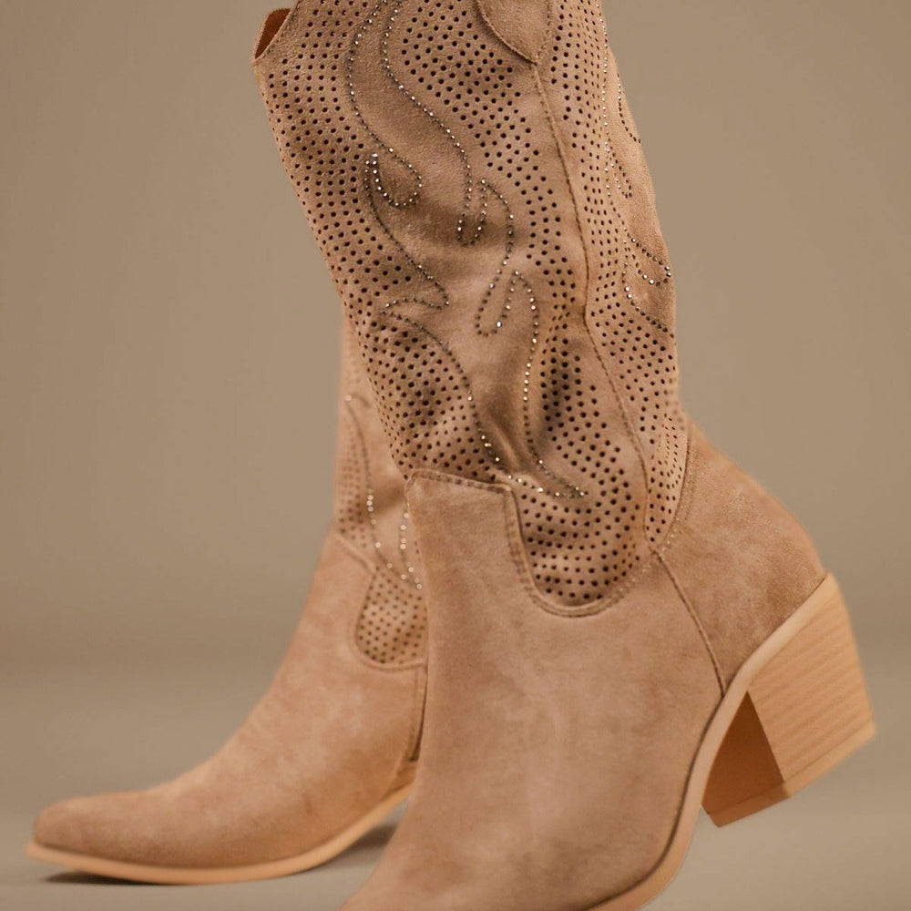 Khaki Mid-Length Diamante Mesh Western Cowboy Boot