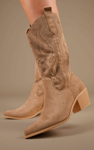 Khaki Mid-Length Diamante Mesh Western Cowboy Boot