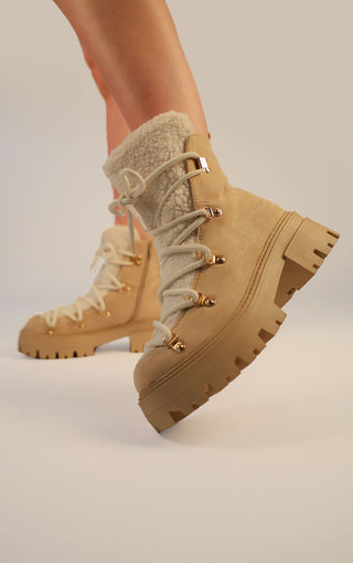 Beige Faux Suede Lace Up Chunky Snow Style Boots