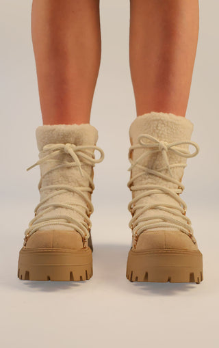 Beige Faux Suede Lace Up Chunky Snow Style Boots