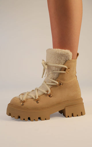 Beige Faux Suede Lace Up Chunky Snow Style Boots