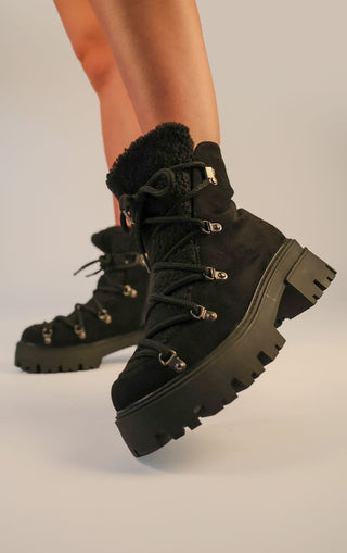 Black Faux Suede Lace Up Chunky Snow Style Boots