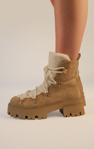 Khaki Faux Suede Lace Up Chunky Snow Style Boots